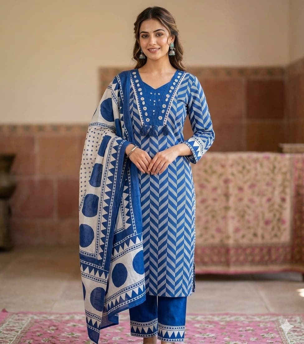 pure cotton three-piece printed kurta set 