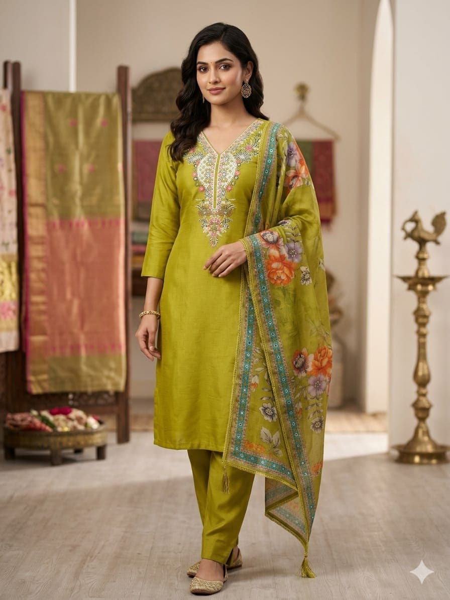 olive green Chanderi silk kurta set 