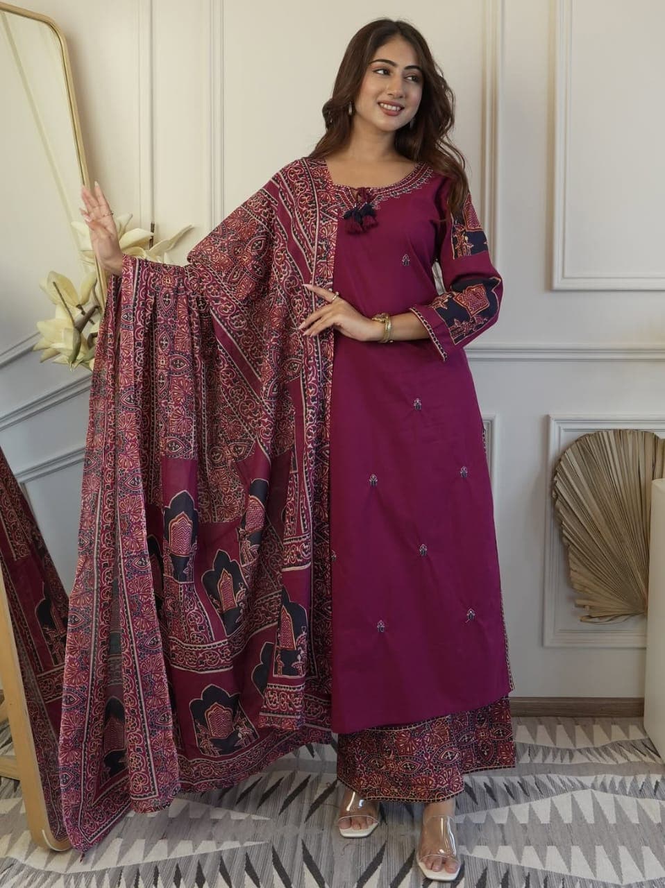 vibrant magenta/purple pure cotton ethnic kurta set.
