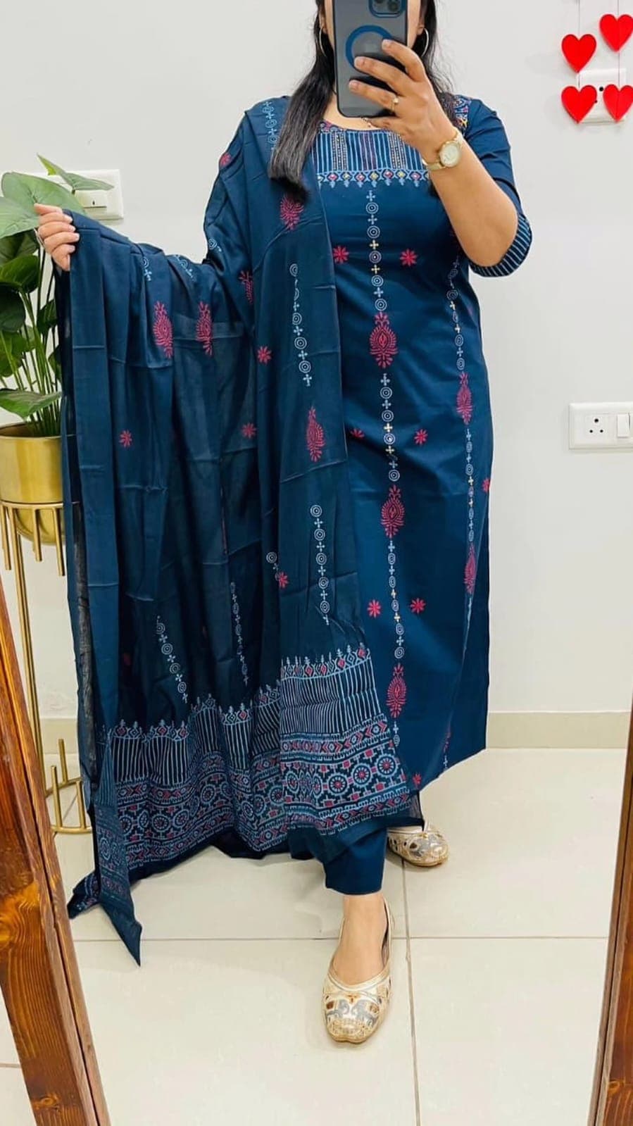  Navy Blue 3-Piece Cotton Kurti Pant Dupatta 
