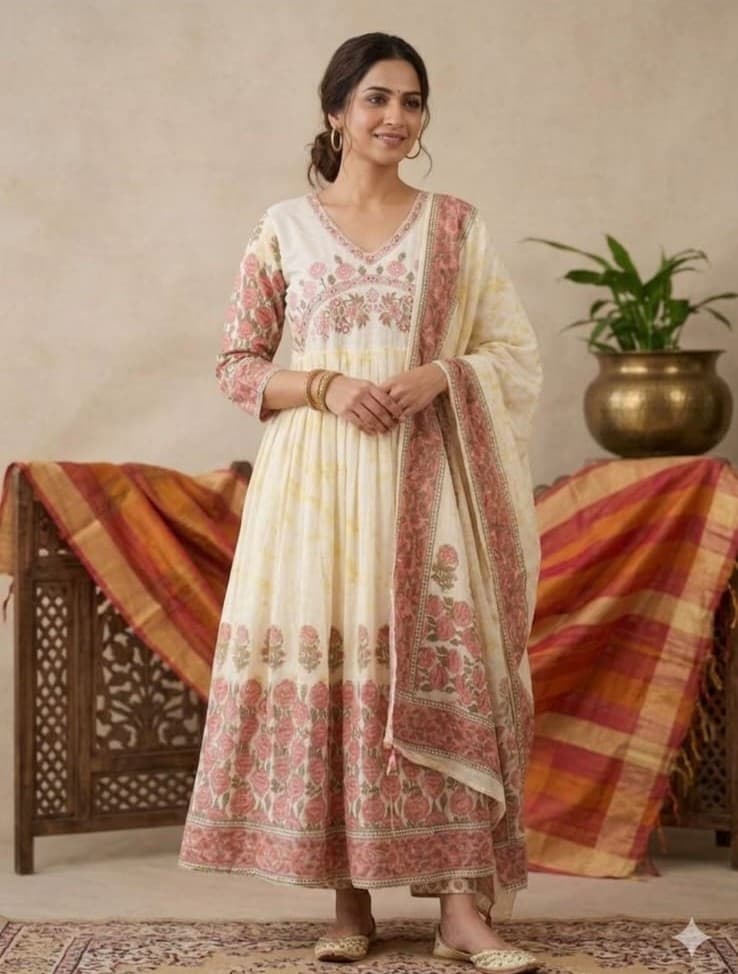 2-piece Off-White and Pink Printed Anarkali Kurta Set