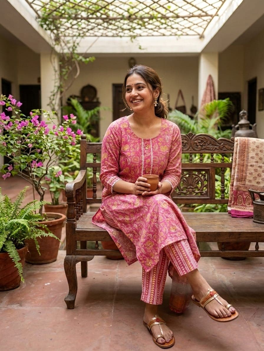 pink floral printed cotton kurta set 