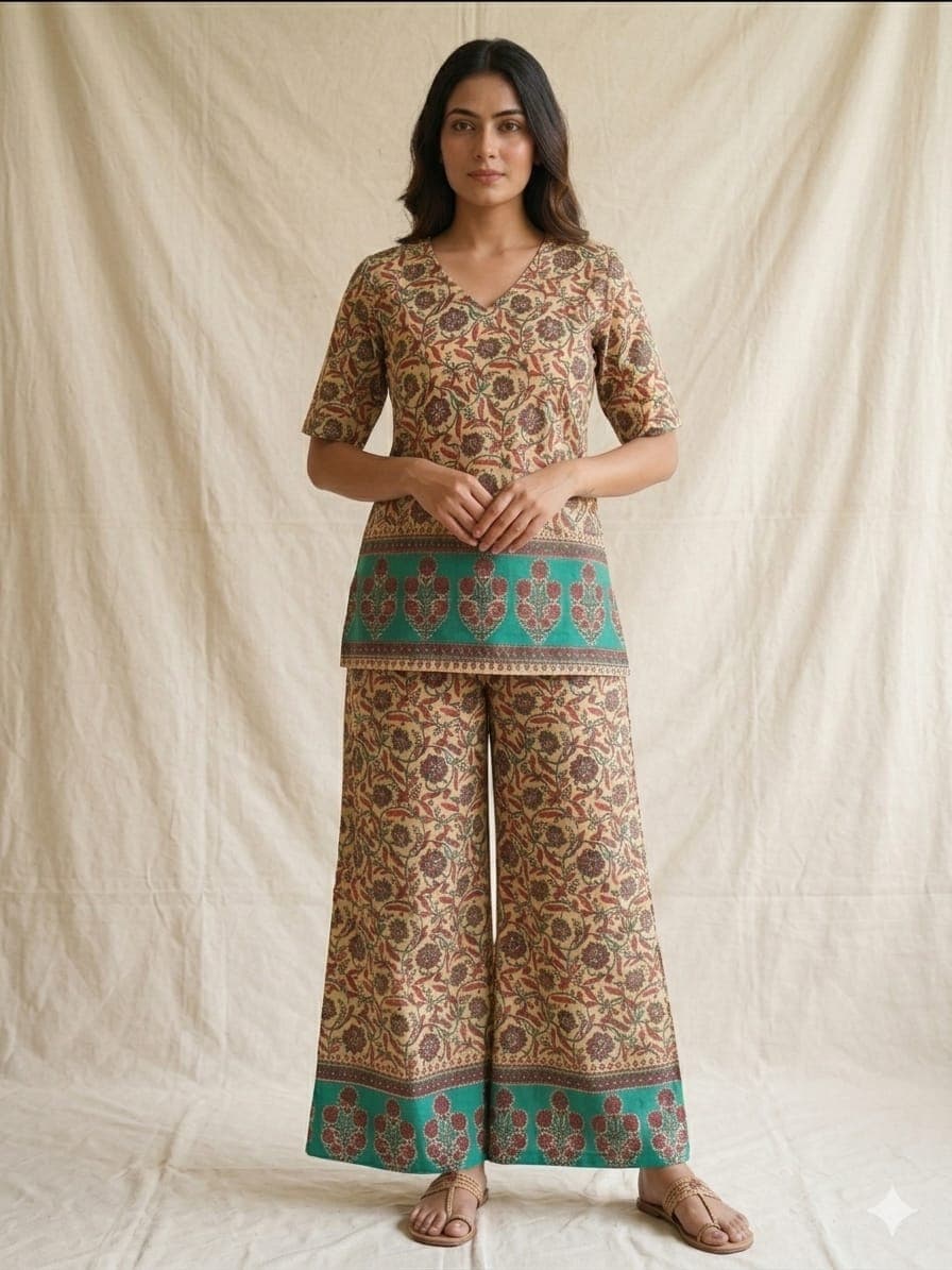 Beige and Teal Green Floral Co-ord Set