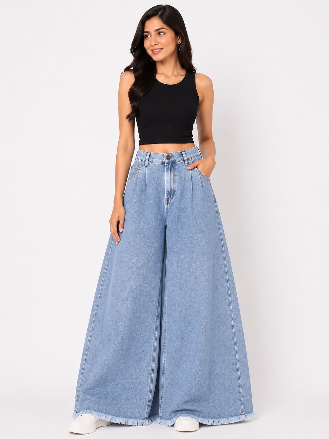 high-waist wide-leg denim palazzo jeans