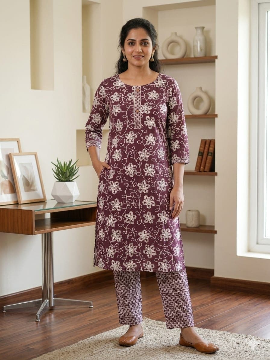 2-piece printed straight kurta set features a deep purple or wine-maroon color base