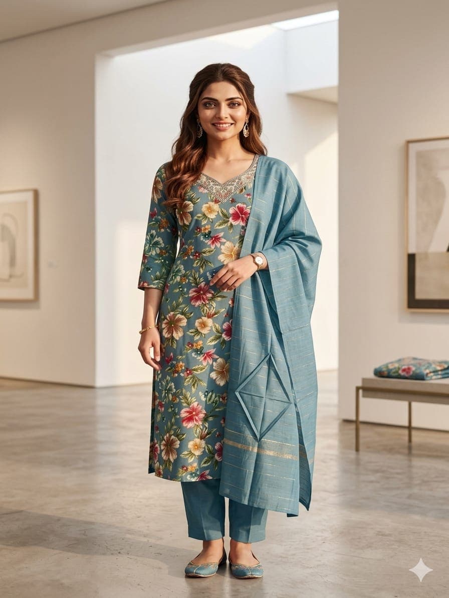 This elegant 3-piece ethnic suit features a straight-cut cotton or cotton-silk blend kurti