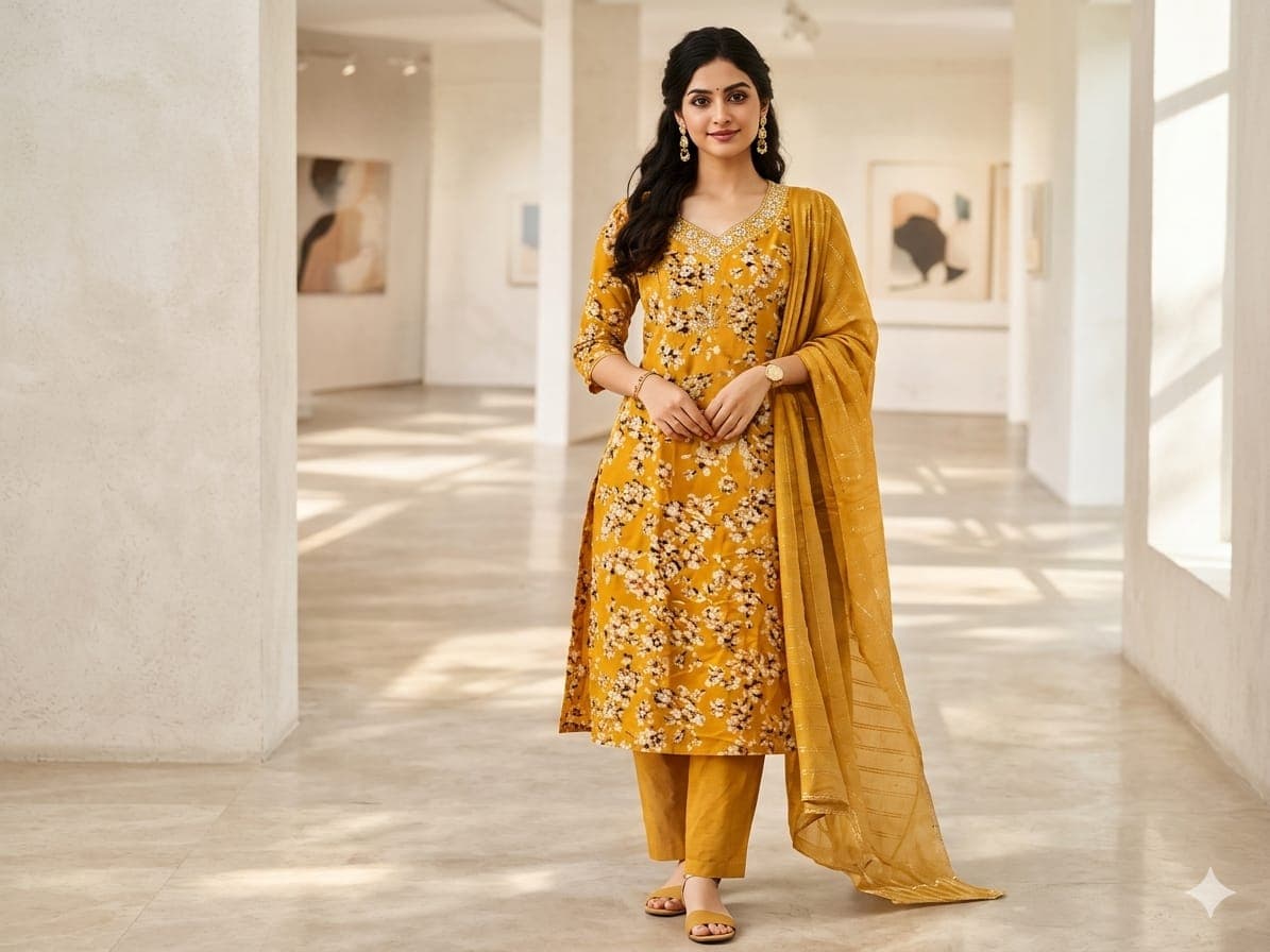 3-piece ethnic salwar suit/kurta pant set with a dupatta.