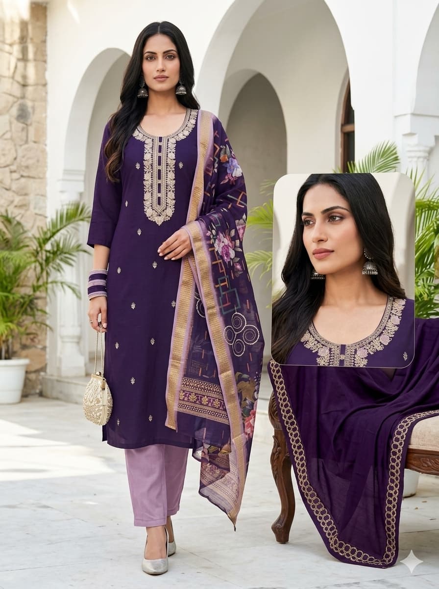 Women's 3-piece embroidered ethnic straight kurta set