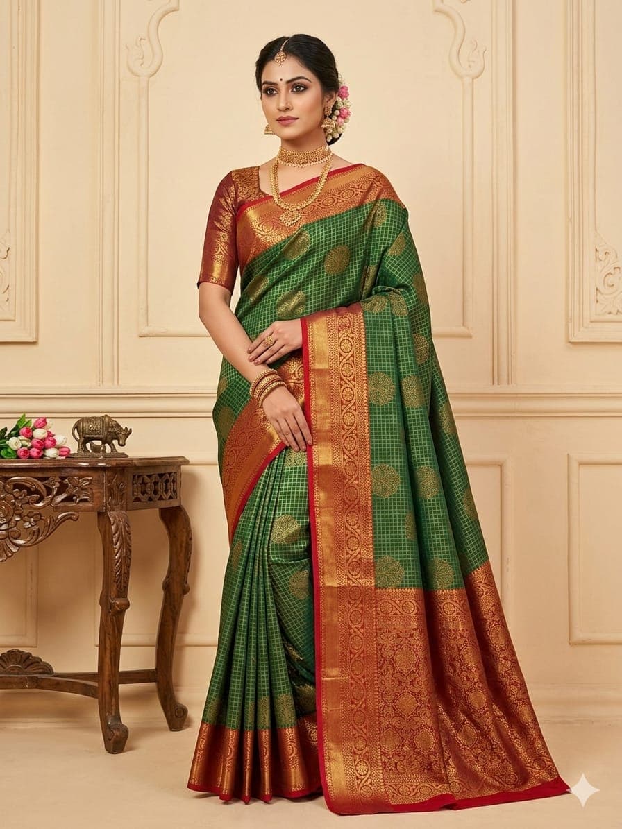 bottle green and brick red Kanjivaram silk saree 