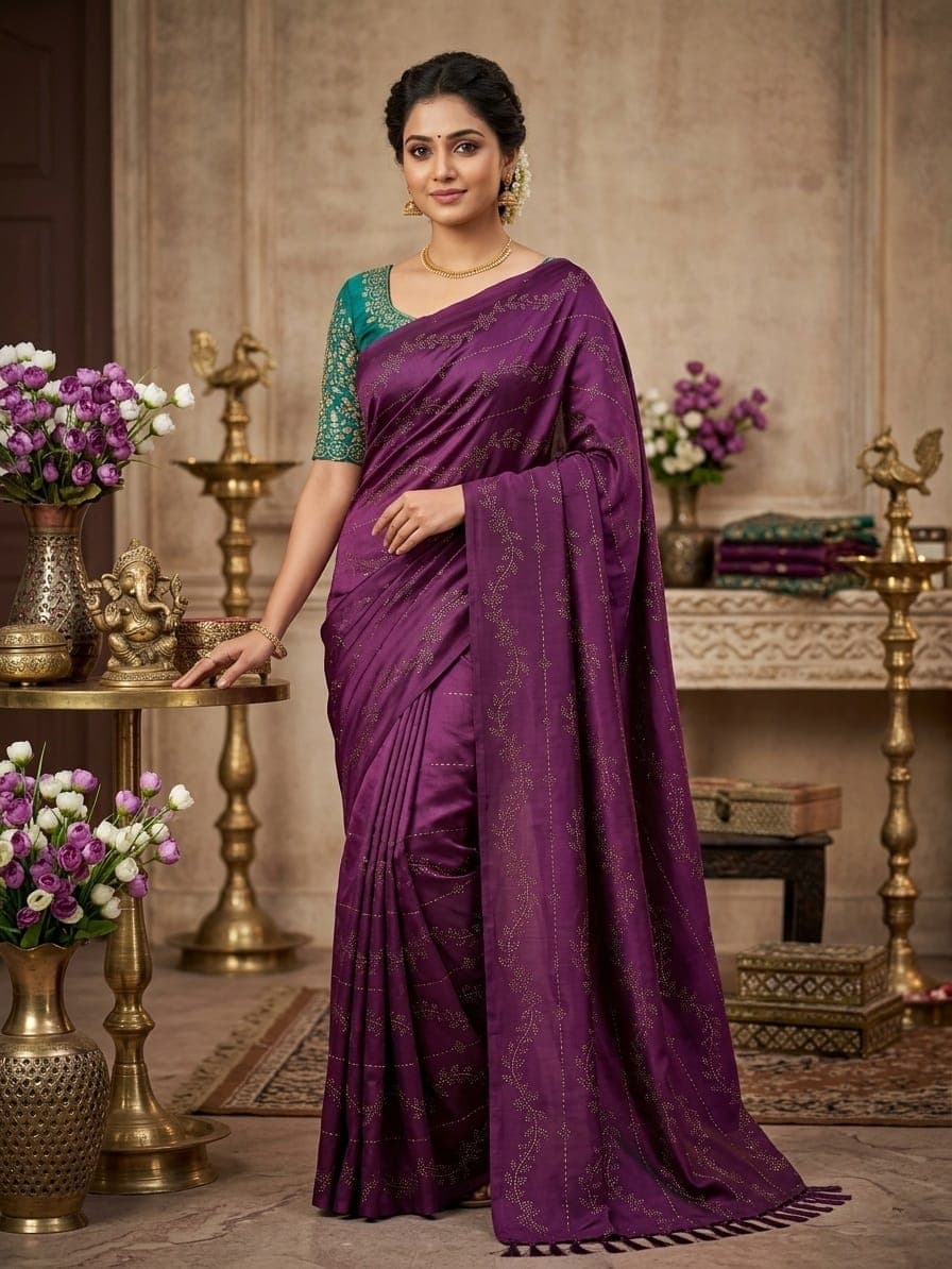  saree features a rich purple body adorned 