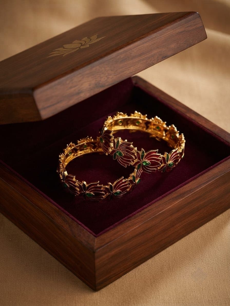 traditional lotus-themed temple kada bangles.